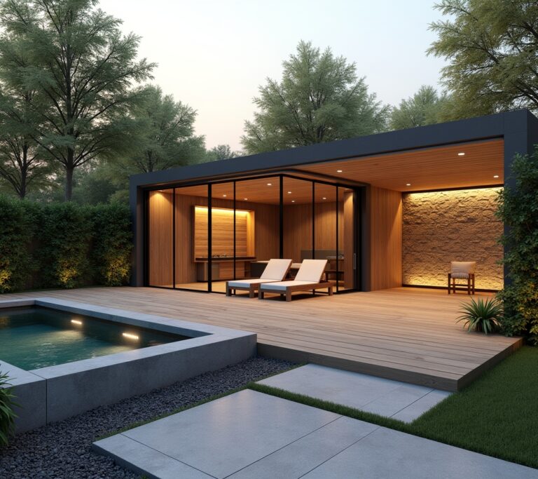 Backyard with cold plunge and sauna