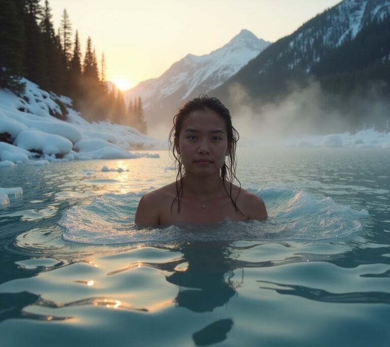 Person entering a cold lake at dawn