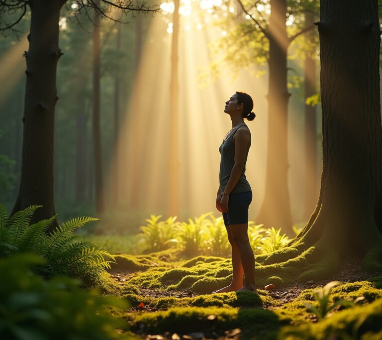 Person walking slowly through a dense forest
