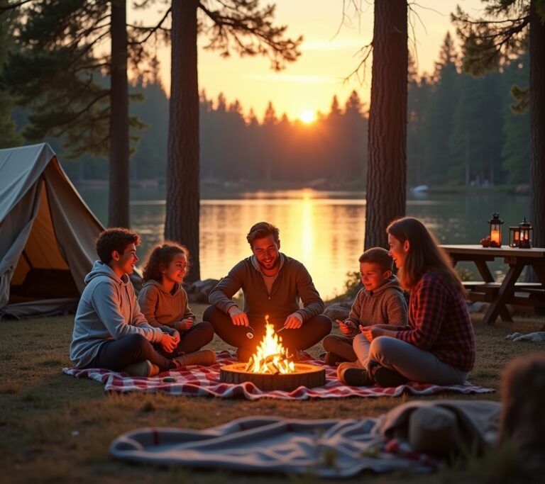 Family setting up a tent together