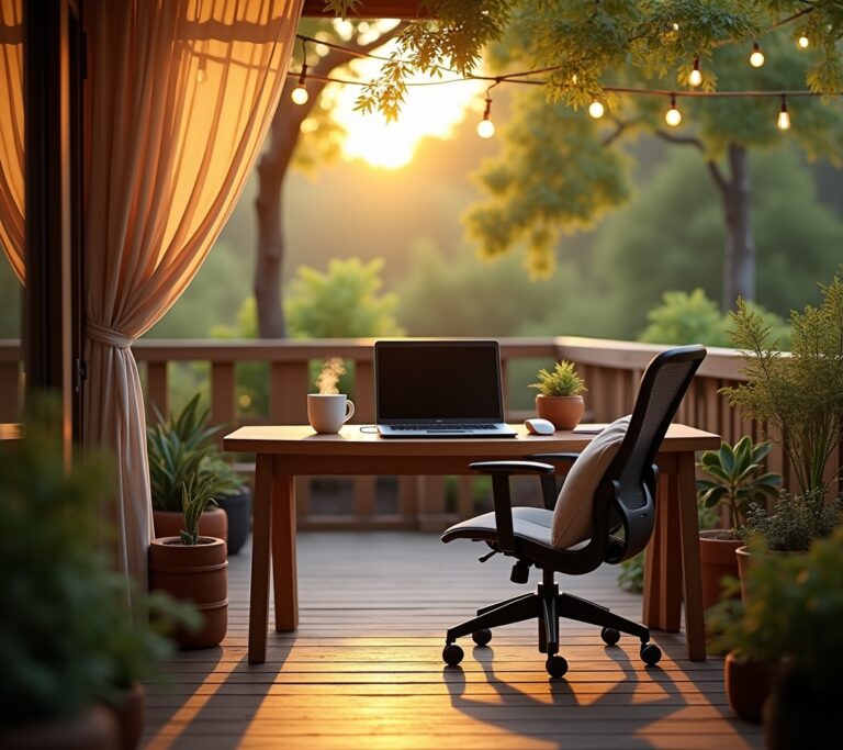 Laptop and monitor on a garden desk