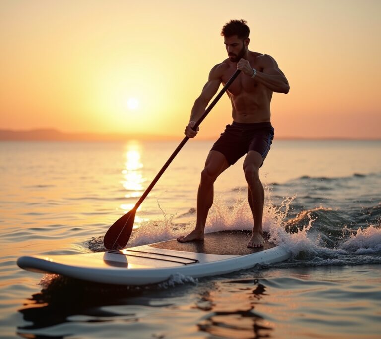 Person paddleboarding on a calm lake
