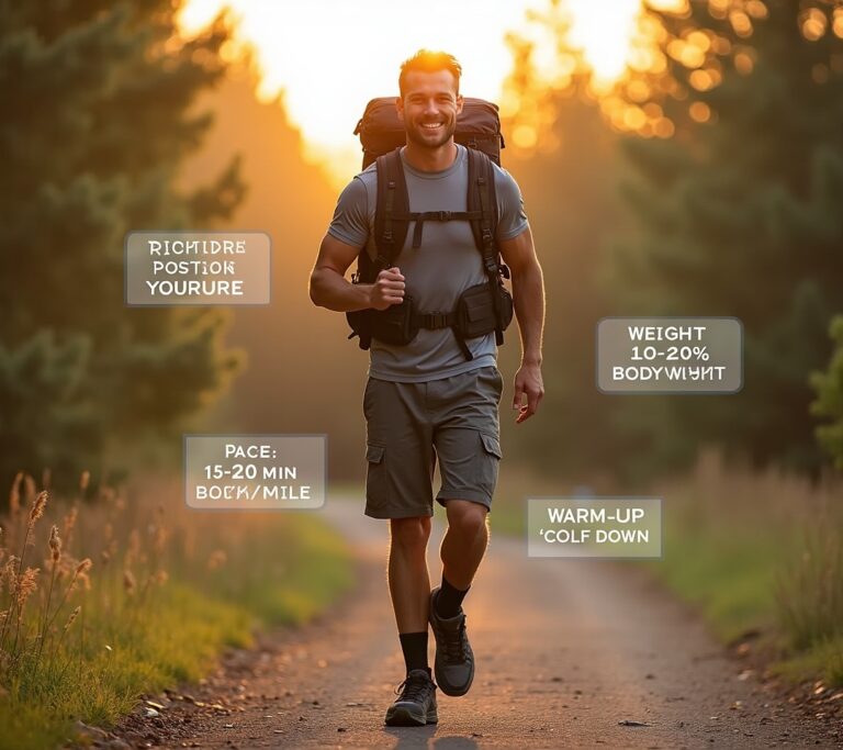 Person rucking on a mountain trail
