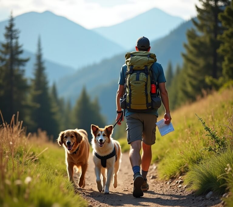 Person hiking with a dog on a trail