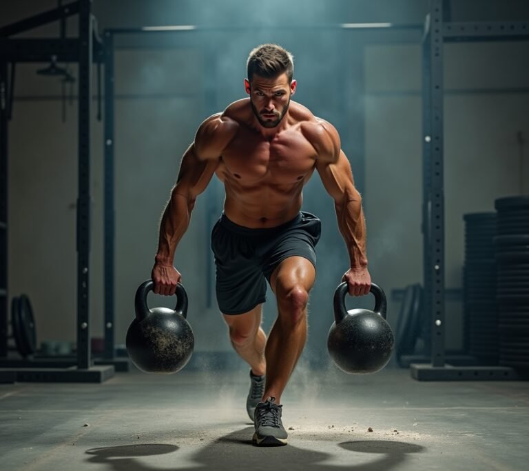 Person carrying heavy kettlebells across a field