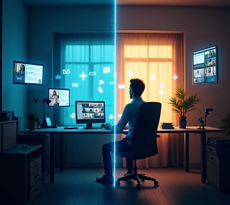 Person looking away from screen toward window