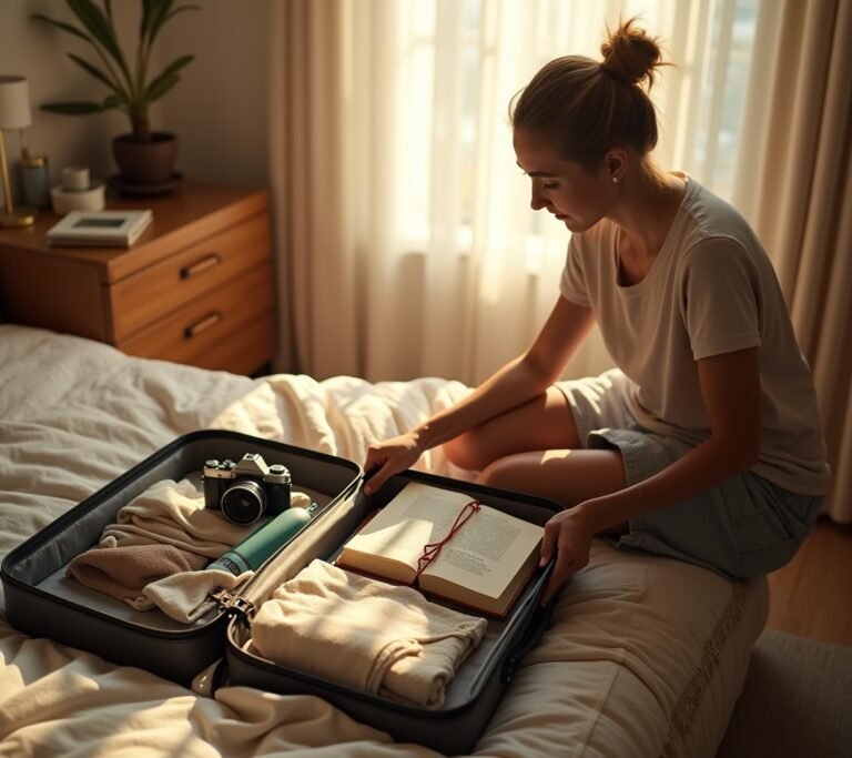 Open travel bag with analog essentials