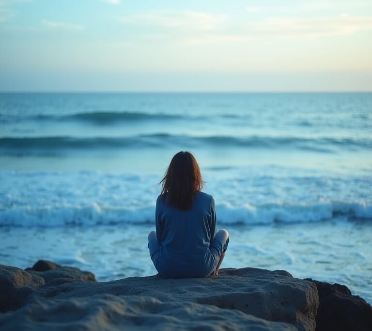 Person sitting quietly at the edge of a lake