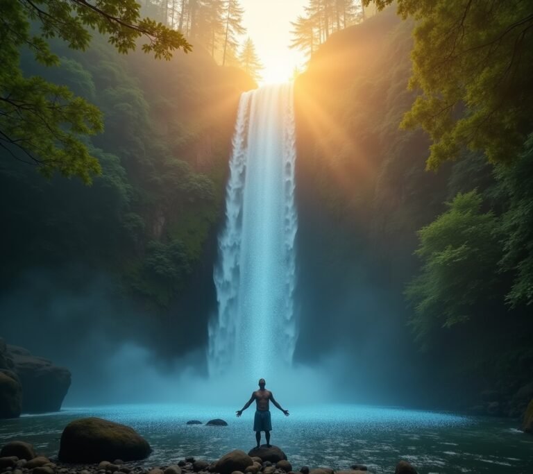 Person standing near a waterfall