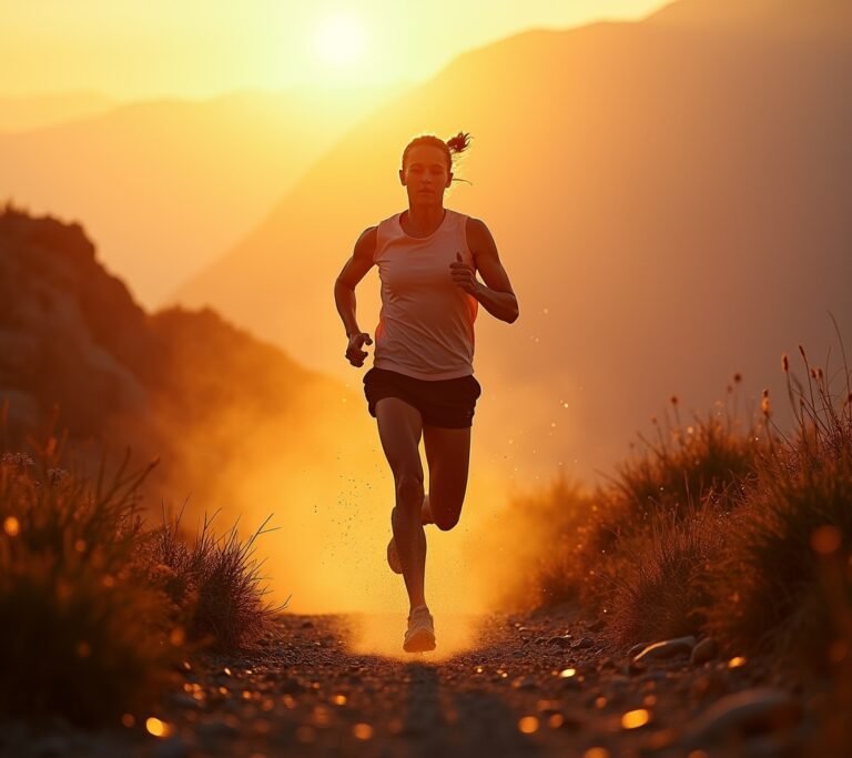 Runner smiling mid-stride on a sunny trail