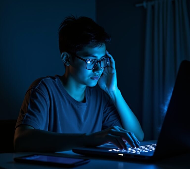 Person rubbing tired eyes at a desk