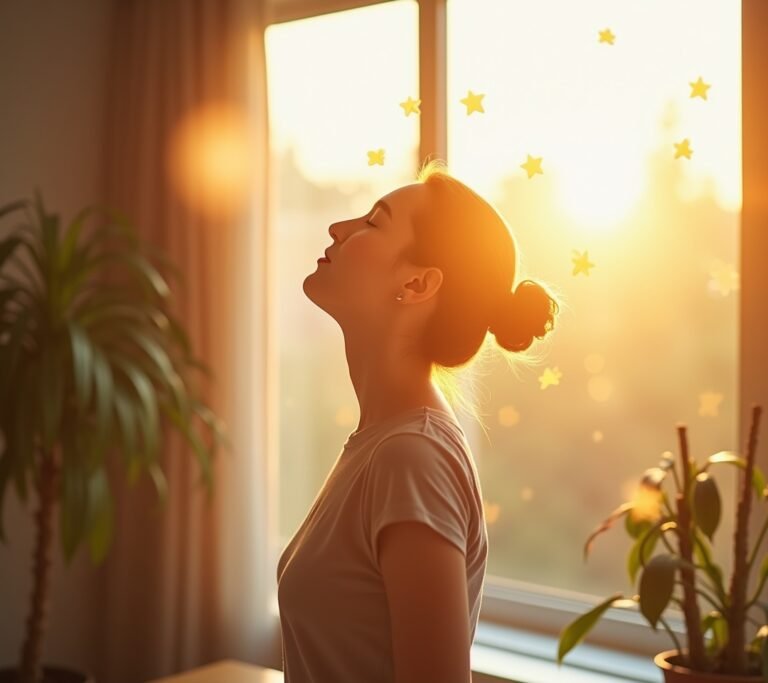 Person sitting near a large window at sunrise