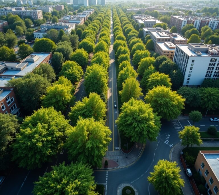 Aerial view of a tree-lined residential street