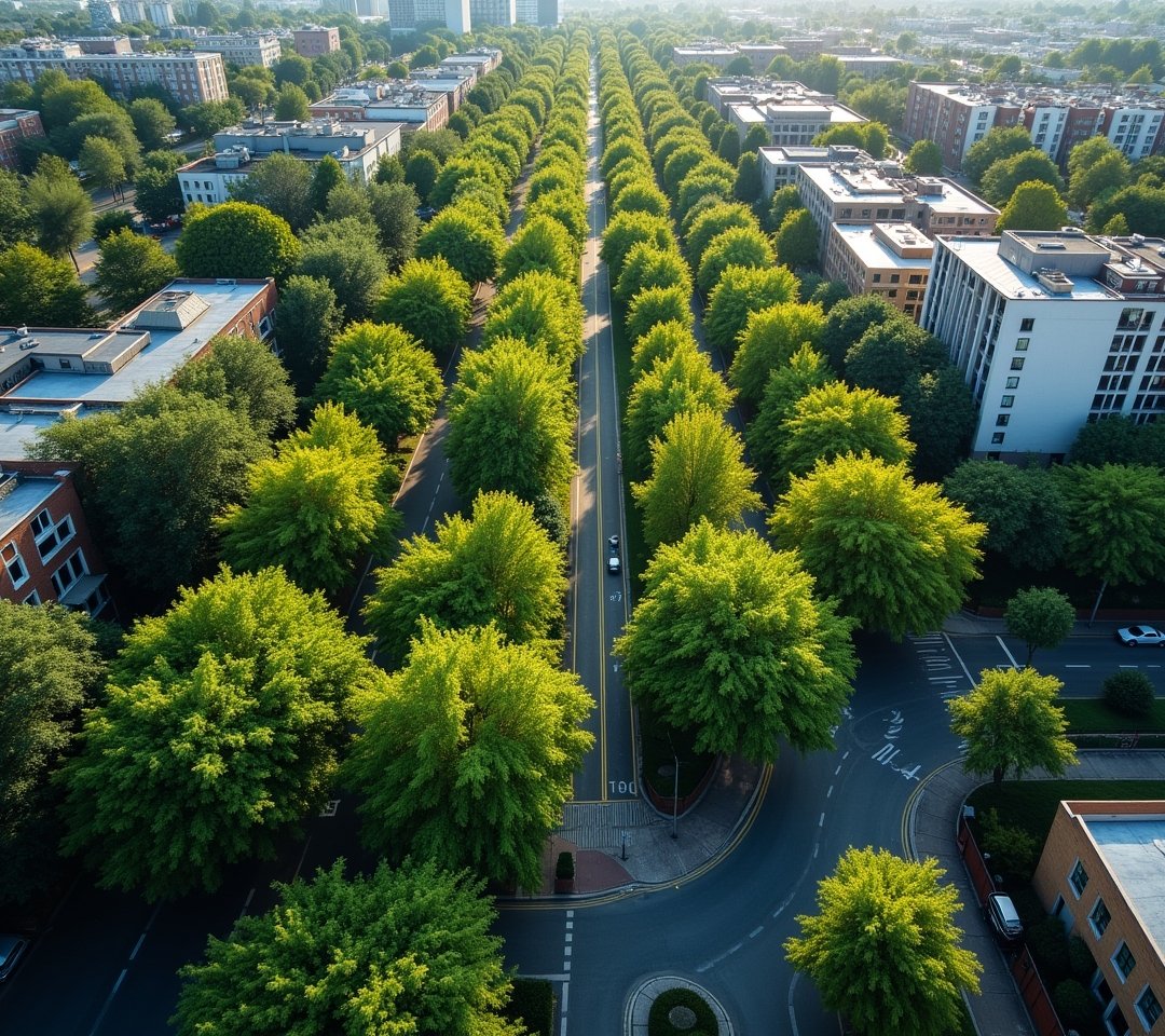 Aerial view of a tree-lined residential street