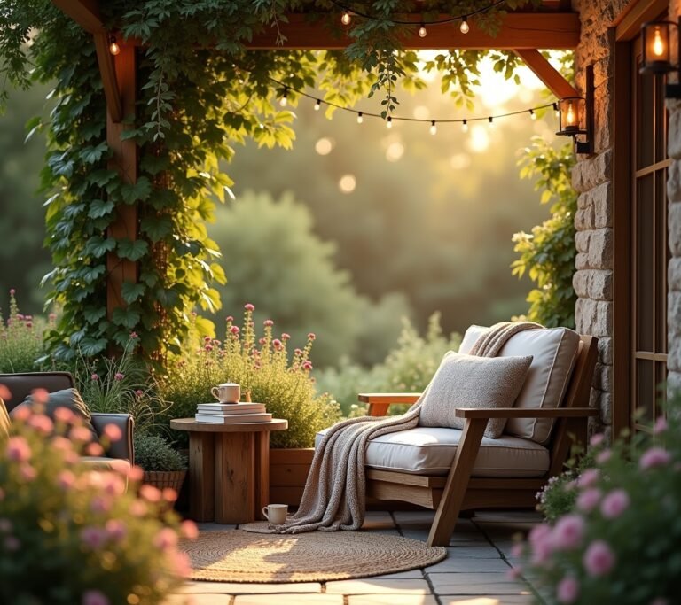 Cozy outdoor chair with a blanket and book