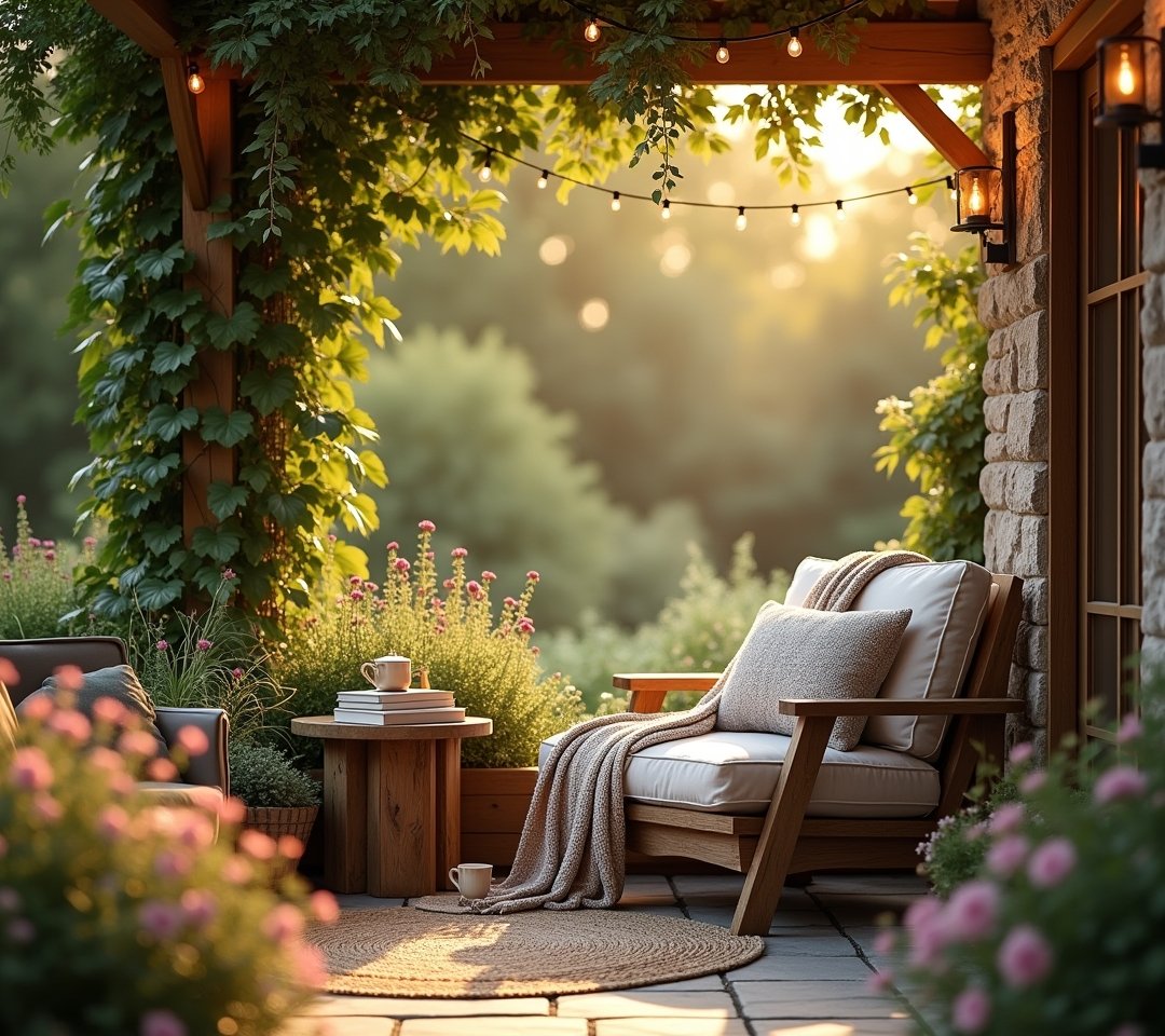 Cozy outdoor chair with a blanket and book