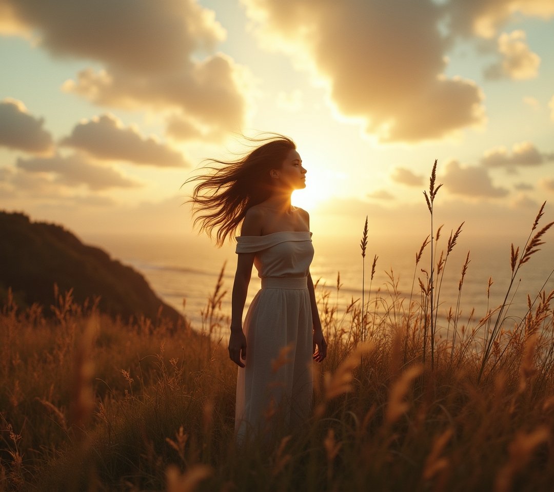 Person standing on a windy cliff with hair blowing